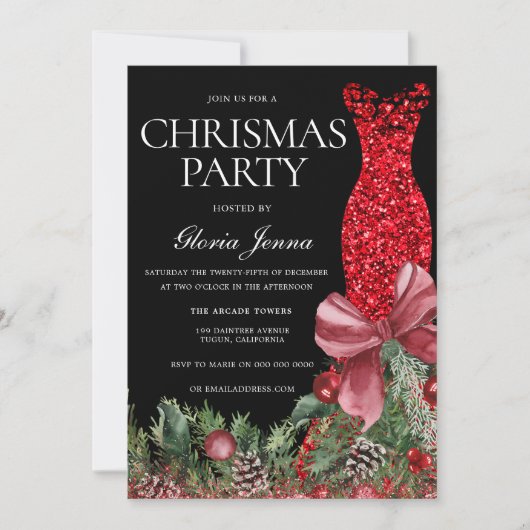 レッドグリッターガウンフェスティバルクリスマスパーティー 招待状 (正面)