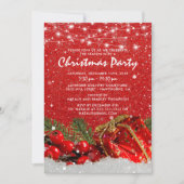 レッドグリッタークリスマスホリデーディナーパーティー 招待状 (正面)