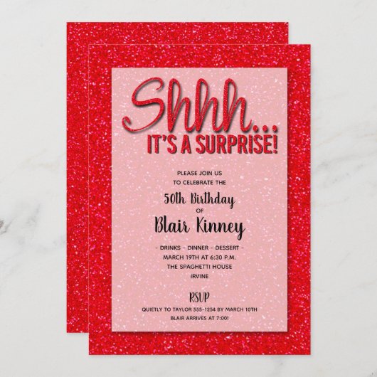 レッドグリッターサプライズ誕生日招待状 (正面/裏面)