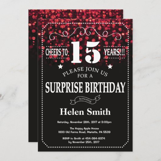 レッドグリッターサプライズ15th誕生日招待状 招待状 (正面/裏面)
