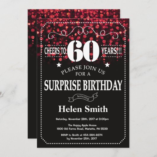 レッドグリッターサプライズ60th誕生日招待状 招待状 (正面/裏面)