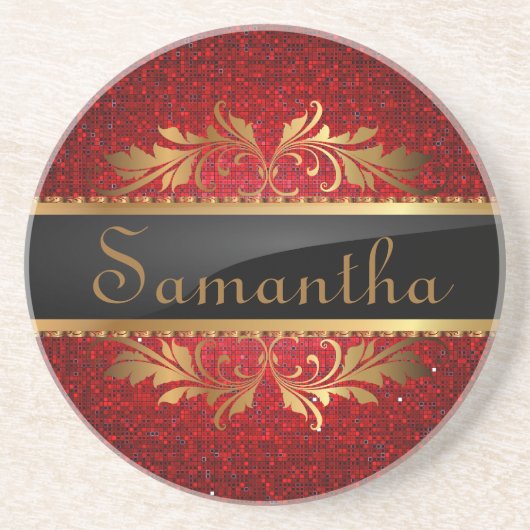 レッドグリッターシークインディスコグリッツパターンコースター コースター (正面)