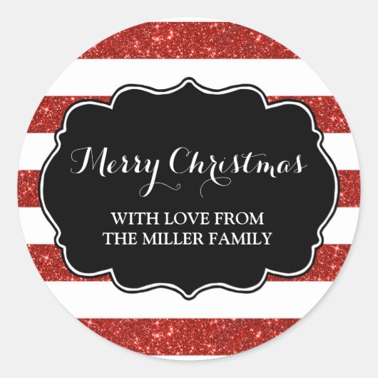 レッドグリッターストライプズメリークリスマスカスタム ラウンドシール (正面)