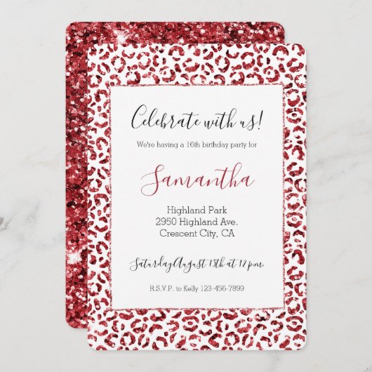 レッドグリッタースパークルヒョウ柄 招待状 (正面/裏面)