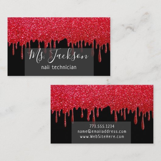 レッドグリッタースパークル美しい爪、 ネイルヘアサロンスパ 名刺 (正面/裏面)