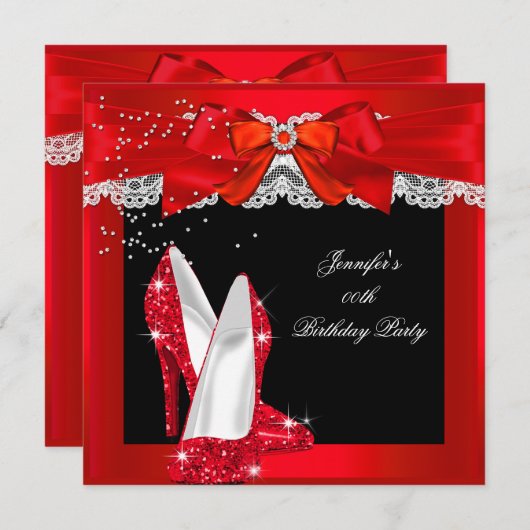 レッドグリッターハイヒール靴バースデーパーティー 招待状 (正面/裏面)