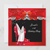 レッドグリッターハイヒール靴バースデーパーティー 招待状 (正面)