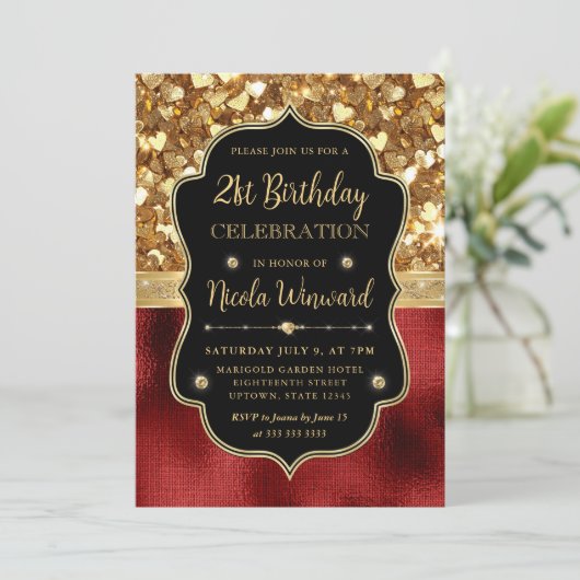 レッドグリッターハートとレッドフォイル21歳の誕生日 招待状 (スタンド正面)