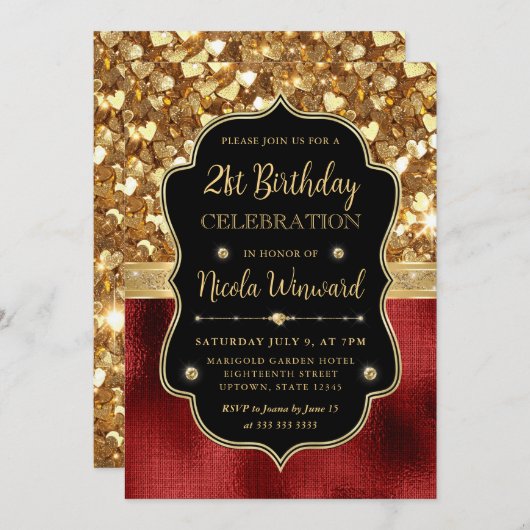 レッドグリッターハートとレッドフォイル21歳の誕生日 招待状 (正面/裏面)