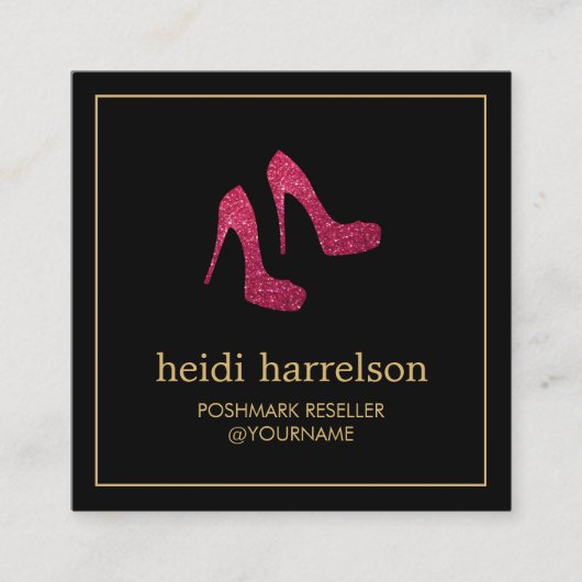 レッドグリッターヒールブティック、ポストマークセラーブラック スクエア名刺 (正面)