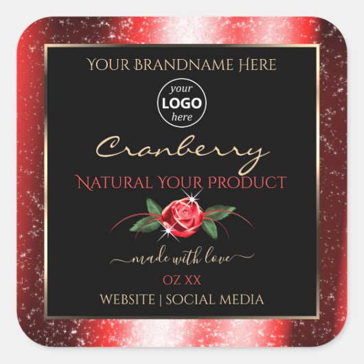 レッドグリッターブラック製品ラベル赤バラ追加ロゴ スクエアシール (正面)