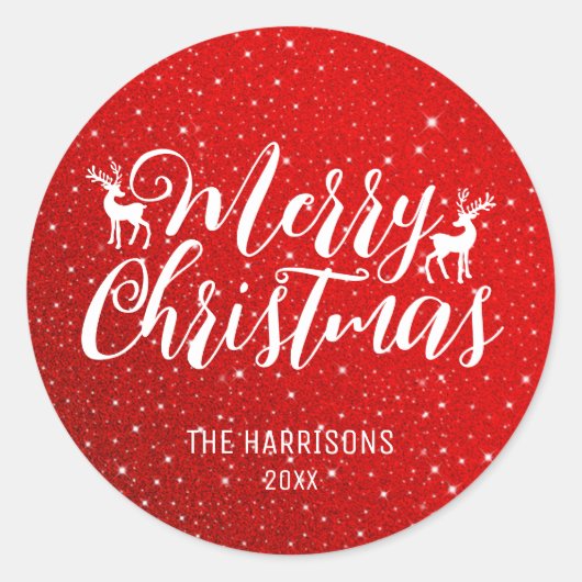 レッドグリッターホワイトタイポグラフィトナカイのクリスマス ラウンドシール (正面)