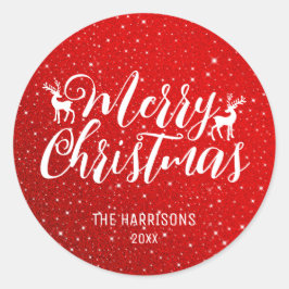 レッドグリッターホワイトタイポグラフィトナカイのクリスマス ラウンドシール