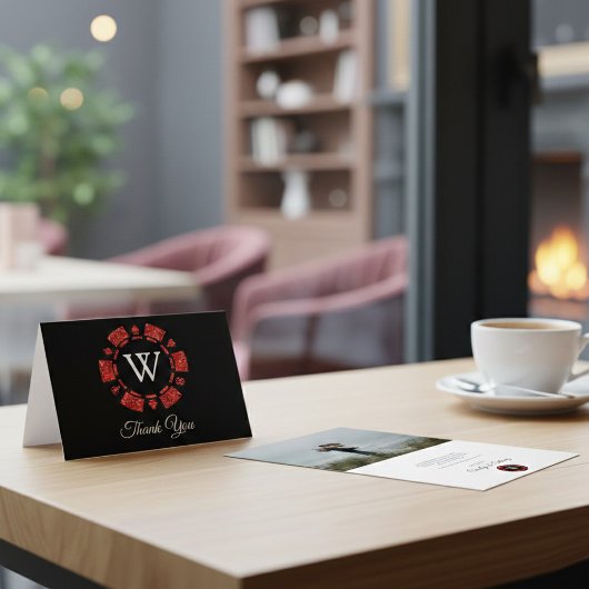 レッドグリッターモノグラムトランプのポーカーチップカ結婚ジノ サンキューカード