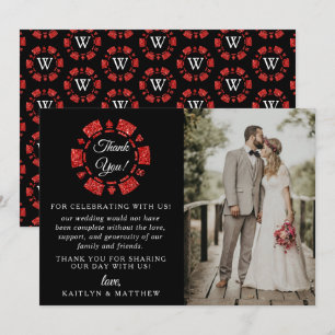 レッドグリッターモノグラムトランプのポーカーチップカ結婚ジノ サンキューカード