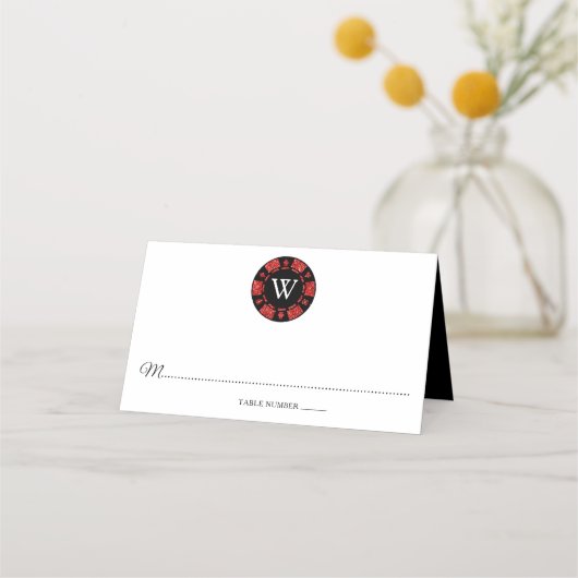 レッドグリッターモノグラムトランプのポーカーチップカ結婚ジノ プレイスカード (正面)