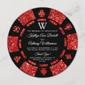 レッドグリッターモノグラムトランプのポーカーチップカ結婚ジノ プログラム (正面)