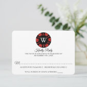 レッドグリッターモノグラムトランプのポーカーチップカ結婚ジノ 出欠カード (スタンド正面)