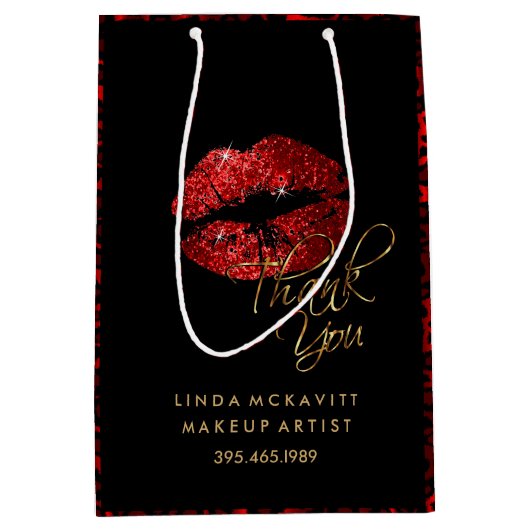 レッドグリッター口紅とヒョウ – ありがとう ミディアムペーパーバッグ (正面)