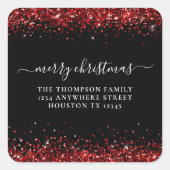レッドグリッター差出人住所メリークリスマスブラック スクエアシール (正面)