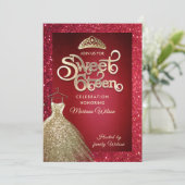 レッドグリッター愛らしいドレスティアラ金ゴールドタイポグラフィ 招待状 (スタンド正面)