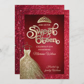 レッドグリッター愛らしいドレスティアラ金ゴールドタイポグラフィ 招待状 (正面/裏面)