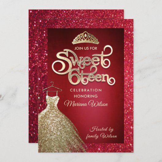 レッドグリッター愛らしいドレスティアラ金ゴールドタイポグラフィ 招待状 (正面/裏面)