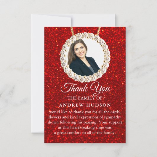 レッドグリッター葬儀フォト悔やみや弔慰サンキューカード サンキューカード (正面)