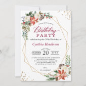 レッドグリーンアイボリーポインセチアフローラ誕生日パーティー 招待状 (正面)