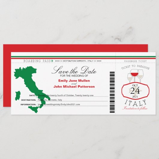 レッドグリーンイタリアボーディングパス結婚式招待状 セーブザデート (正面/裏面)