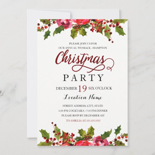 レッドグリーンウォーターカラーホリーリーフクリスマスパーティー 招待状 (正面)