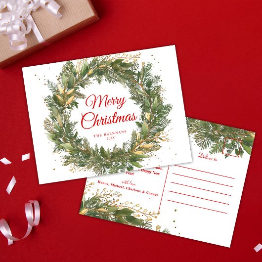 レッドグリーンエレガントクリスマスリース植物学 シーズンポストカード