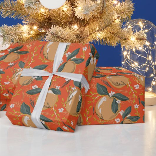 レッドグリーンエレガント金ゴールドウィンターフルーツホリデー ラッピングペーパー (クリスマス)