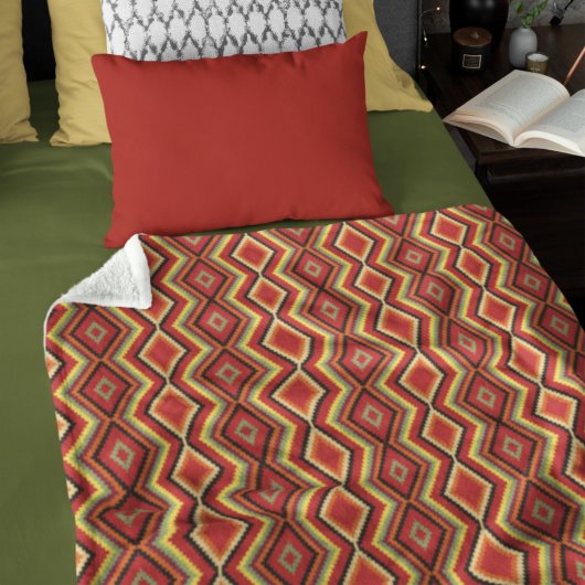 レッドグリーンオレンジ黄色の黒の部族アートパターン フリースブランケット