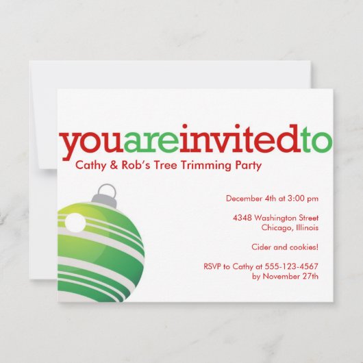 レッドグリーンオーナメントクリスマスホリデカスタムーパーティー 招待状 (正面)