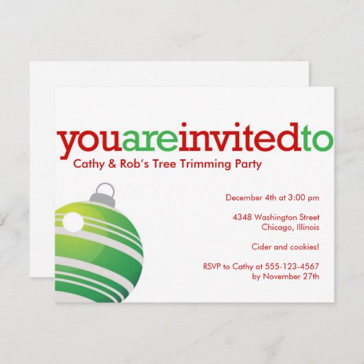 レッドグリーンオーナメントクリスマスホリデカスタムーパーティー 招待状 (正面/裏面)