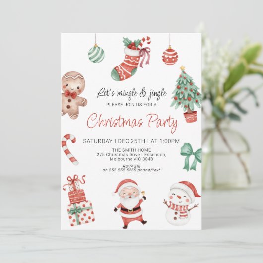 レッドグリーンキュートサンタクリスマスパーティの招待状 招待状 (スタンド正面)