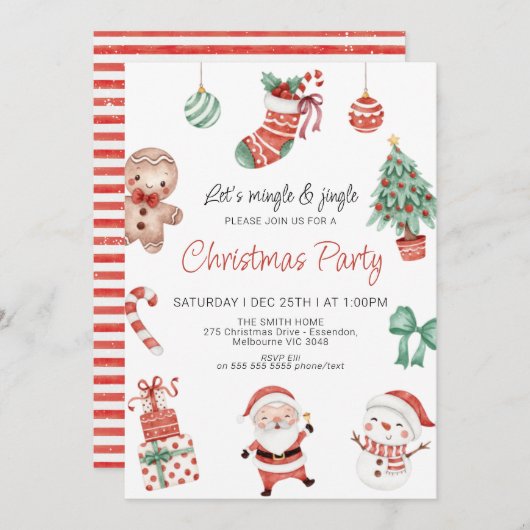レッドグリーンキュートサンタクリスマスパーティの招待状 招待状 (正面/裏面)