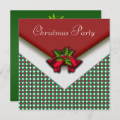 レッドグリーンギンガムレッドベルズホリークリスマスパーティー 招待状 (正面/裏面)