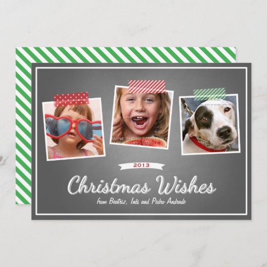 レッドグリーンクリスマスフォト和紙テープチョークホリデー シーズンカード (正面/裏面)