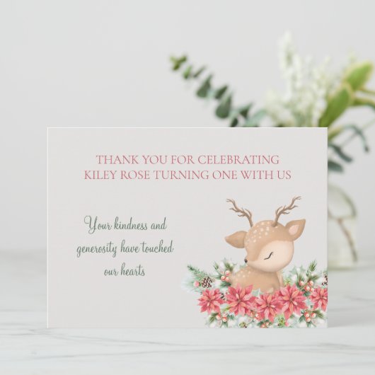 レッドグリーンクリスマスポインセチア鹿の誕生日パーティー サンキューカード (スタンド正面)
