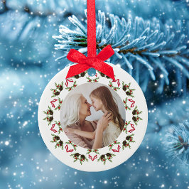 レッドグリーンクリスマスリース写真テンプレート セラミックオーナメント