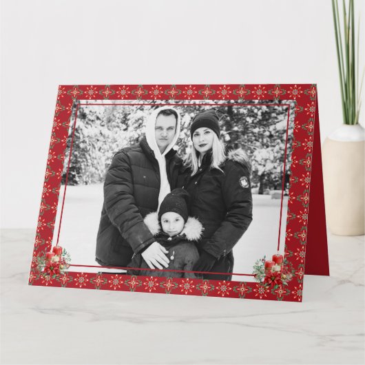 レッドグリーンクリスマスワンフォトスノーフレークありがとう サンキューカード (正面)