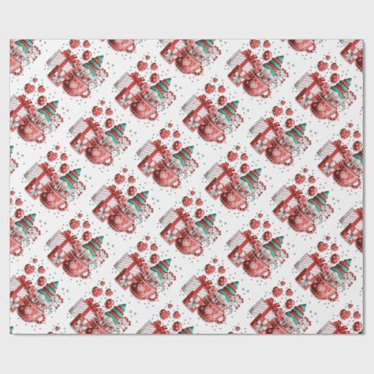 レッドグリーンクリスマス格言ティーカップハートギフトスター ラッピングペーパー (フラット)
