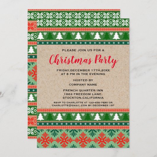 レッドグリーンクリスマス醜いセーター企業のパーティー 招待状 (正面/裏面)