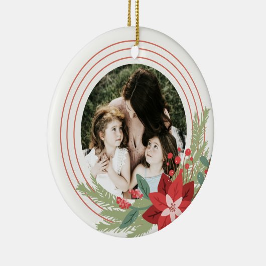 レッドグリーンサークルクリスマスフォトポインセチアフローラ セラミックオーナメント (右)