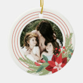 レッドグリーンサークルクリスマスフォトポインセチアフローラ セラミックオーナメント (正面)