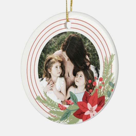 レッドグリーンサークルクリスマスフォトポインセチアフローラ セラミックオーナメント (左)