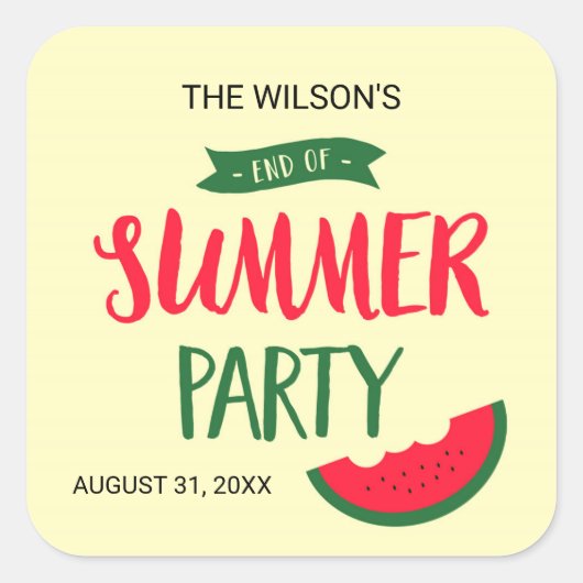 レッドグリーンスイカ夏の終わりパーティー スクエアシール (正面)