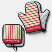 レッドグリーンストライプデザイン 鍋つかみ&鍋敷きセット (正面/裏面)